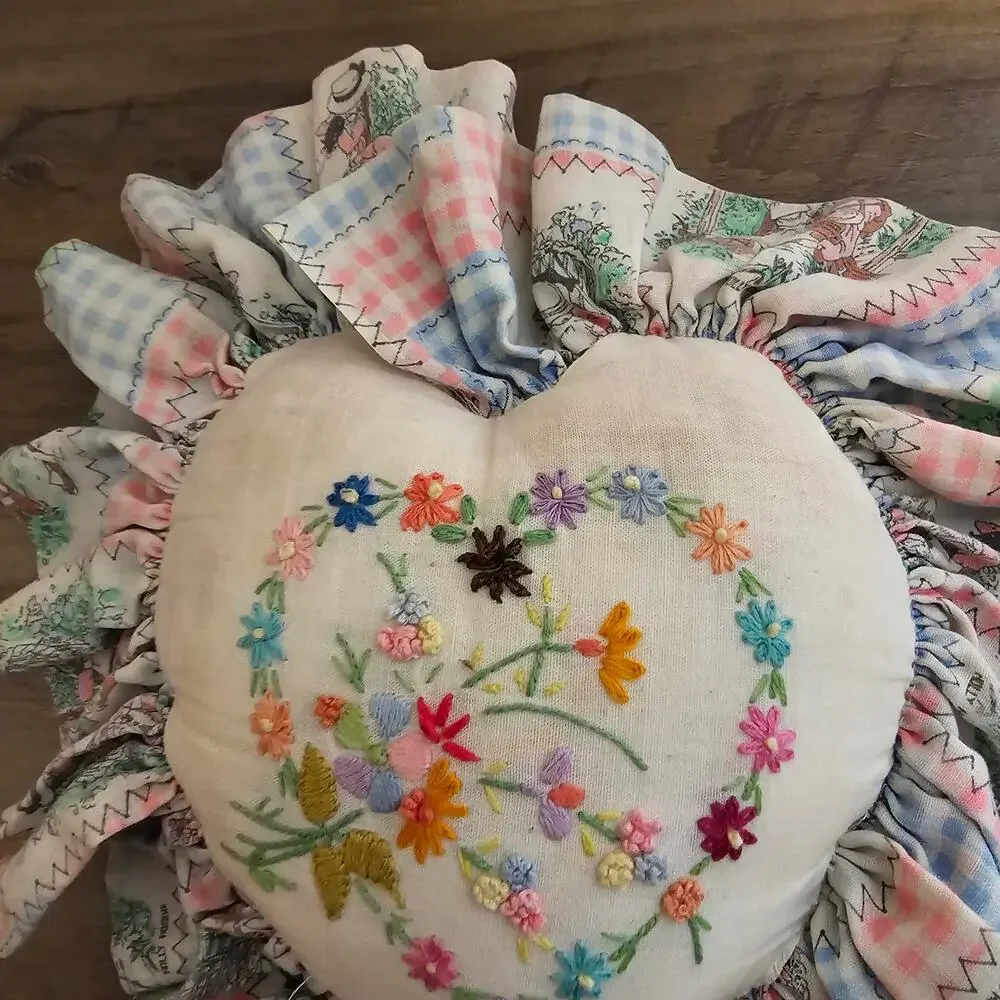 Vintage Floral Needlepoint Heart Patchwork Pillow Pink Cottage Grandmacore Decor